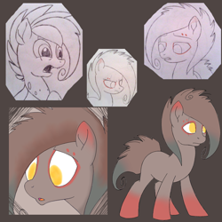 Size: 1000x1000 | Tagged: safe, artist:divergentassailant, artist:ponyponyena, imported from derpibooru, oc, oc only, oc:flightless, changeling, earth pony, pony, alternate hairstyle, annoyed, bust, collage, fangs, portrait, simple background, solo, species swap, standing, surprised, unamused