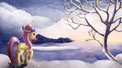 Size: 2000x1127 | Tagged: safe, artist:camyllea, imported from derpibooru, fluttershy, earmuffs, female, lake, mountain, raised hoof, scenery, snow, snowfall, solo, walking, winter