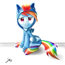 Size: 2000x2000 | Tagged: safe, artist:shogundun, imported from derpibooru, rainbow dash, pegasus, pony, clothes, colored pupils, cute, dashabetes, female, hoodie, looking at you, rainbow socks, signature, socks, solo, striped socks