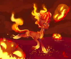 Size: 6000x5000 | Tagged: safe, artist:coconuthound, imported from derpibooru, sunset shimmer, pony, unicorn, absurd resolution, female, fiery shimmer, fire, halloween, jack-o-lantern, mane of fire, on fire, pumpkin, solo