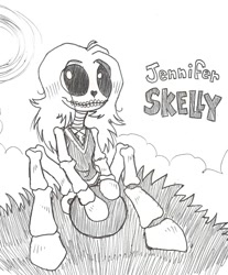Size: 917x1109 | Tagged: safe, artist:wootmaster, imported from derpibooru, oc, oc only, skeleton pony, bone, buckball, jennifer skelly, skeleton, solo, writer