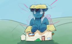 Size: 900x550 | Tagged: safe, artist:goat train, imported from derpibooru, oc, oc only, oc:blue brew, pony, commission, destruction, giant pony, growth, macro, sketch, solo, what has science done