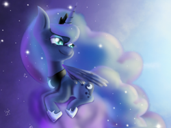 Size: 2048x1536 | Tagged: safe, artist:silviasilvar, imported from derpibooru, princess luna, pony, female, floating, lidded eyes, looking back, smiling, solo, spread wings