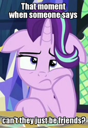 Size: 502x734 | Tagged: safe, edit, edited screencap, imported from derpibooru, screencap, starlight glimmer, every little thing she does, annoyed, bored, caption, cropped, female, floppy ears, frown, hoof on chin, image macro, implied shipping, meme, reaction image, solo