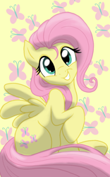 Size: 1200x1920 | Tagged: safe, artist:theroyalprincesses, imported from derpibooru, fluttershy, pegasus, pony, adorable face, cute, cutie mark background, female, head turn, looking at you, mare, raised hoof, shyabetes, simple background, sitting, smiling, solo, turned head, waifu, yellow background