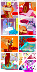 Size: 1024x1950 | Tagged: safe, artist:teammagix, imported from derpibooru, applejack, fluttershy, pinkie pie, princess celestia, rainbow dash, rarity, sunset shimmer, twilight sparkle, alicorn, pony, comic:sun setting misfortune, blindfold, cloud, comic, corrupted celestia, elements of harmony, mane six, nightmare sunset, possessed, possesstia, twilight sparkle (alicorn)