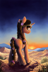 Size: 1000x1500 | Tagged: safe, artist:nemo2d, imported from derpibooru, oc, oc only, oc:sun lotus, pony, unicorn, braid, depth of field, desert, female, flower, flower in hair, fluffy, jewelry, mare, rear view, scenery, signature, solo, sunset