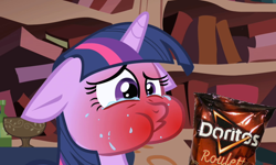 Size: 744x446 | Tagged: safe, edit, edited screencap, imported from derpibooru, screencap, twilight sparkle, pony, unicorn, friendship is magic, adorkable, aweeg*, burning, chips, crying, cute, doritos, dork, female, floppy ears, food, golden oaks library, image macro, mare, meme, puffy cheeks, solo, spicy, twiabetes, unicorn twilight