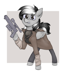 Size: 1672x1852 | Tagged: safe, artist:marsminer, imported from derpibooru, oc, oc only, oc:thunderstuck, pegasus, pony, clothes, coat, fallout, fallout: new vegas, gritted teeth, gun, handgun, hoof hold, ncr ranger, pistol, simple background, solo, weapon