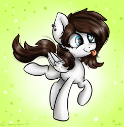 Size: 2814x2873 | Tagged: safe, artist:gaelledragons, imported from derpibooru, oc, oc only, oc:starry arrow, pegasus, pony, :p, cute, ear piercing, legs in air, pegasus oc, piercing, silly, silly pony, solo, tongue out