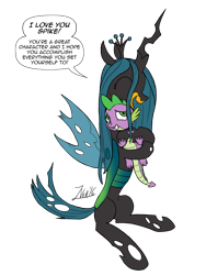 Size: 960x1280 | Tagged: safe, artist:zoarvek, imported from derpibooru, queen chrysalis, spike, cheese whiz, dialogue, eyes closed, hug, mouthpiece, open mouth, out of character, simple background, sitting, smiling, transparent background