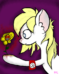 Size: 1600x2000 | Tagged: safe, artist:pinkponycarcass, imported from derpibooru, oc, oc only, oc:aryanne, earth pony, pony, angry, armband, dirt, ear fluff, face, female, flower, holding, living object, nazi, solo, swastika