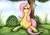 Size: 3508x2480 | Tagged: safe, artist:puggie, artist:renaphin, imported from derpibooru, fluttershy, butterfly, bush, cloud, cute, female, folded wings, looking at something, nature, outdoors, shyabetes, sitting, soft shading, solo, tree, under the tree