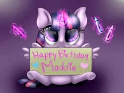 Size: 2000x1500 | Tagged: safe, artist:gittykitty264, imported from derpibooru, twilight sparkle, alicorn, pony, female, glowing horn, happy birthday, sign, solo, twilight sparkle (alicorn)