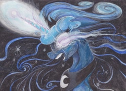 Size: 2338x1701 | Tagged: safe, artist:scribblepwn3, imported from derpibooru, princess luna, alicorn, pony, angry, bust, crying, female, flowing mane, ink, magic, nightmare luna, solo, traditional art, watercolor painting