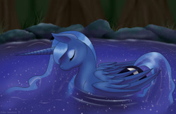 Size: 1224x792 | Tagged: safe, artist:rainbow-smashed, imported from derpibooru, princess luna, alicorn, duck pony, pony, eyes closed, female, forest, lake, mare, night, pegaduck, pond, reflection, ripple, solo, stars, swanluna, swimming, water, wet mane