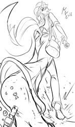Size: 756x1280 | Tagged: safe, artist:bryan-lobdell, imported from derpibooru, oc, oc only, anthro, plantigrade anthro, bag, barefoot, clothes, commission, destruction, feet, giantess, lineart, macro, monochrome, newspaper, open mouth, pants, signature, solo