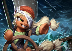 Size: 1920x1360 | Tagged: safe, artist:assasinmonkey, imported from derpibooru, applejack, pony, tri-horned bunyip, ppov, beanie, bipedal, captain jackbeard, clothes, epic, female, freckles, hat, ocean, pointing, rain, scene interpretation, ship, solo, storm, underhoof