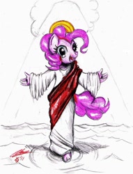 Size: 820x1073 | Tagged: safe, artist:mrzash, imported from derpibooru, pinkie pie, anthro, plantigrade anthro, 2011, christianity, context is for the weak, female, halo, jesus christ, looking at you, pinkie pie is god, pinkie pious, religious headcanon, sketch, solo, walking on water, what has science done