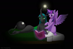 Size: 1652x1110 | Tagged: safe, artist:axelchangeling, imported from derpibooru, queen chrysalis, twilight sparkle, twilight sparkle (alicorn), alicorn, changeling, changeling queen, pony, ball and chain, bed, bittersweet, book, chains, cute, cutealis, dark, duo, duo female, fanfic, fanfic art, female, imprisoned, jail, magic, pillow, reading, redemption, reformed, sad, twiabetes