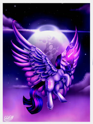 Size: 1024x1365 | Tagged: safe, artist:crazydragonqueen, imported from derpibooru, twilight sparkle, twilight sparkle (alicorn), alicorn, pony, eyes closed, female, flying, glowing horn, mare in the moon, moon, night, sky, solo, spread wings