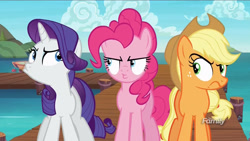 Size: 1777x1000 | Tagged: safe, imported from derpibooru, screencap, applejack, pinkie pie, rarity, pony, ppov, discovery family logo, grumpy, unamused