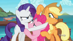 Size: 1777x998 | Tagged: safe, imported from derpibooru, screencap, applejack, pinkie pie, rarity, pony, ppov, angry, discovery family logo, nose wrinkle, seaward shoals