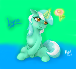 Size: 1024x927 | Tagged: safe, artist:pastelpupils, imported from derpibooru, lyra heartstrings, pony, unicorn, blushing, colored pupils, female, floppy ears, flower, gradient background, magic, sitting, smiling, solo, telekinesis