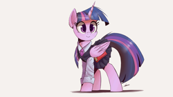 Size: 2500x1406 | Tagged: safe, artist:ncmares, imported from derpibooru, twilight sparkle, alicorn, pony, adorkable, book, clothes, colored pupils, cute, dork, female, long sleeves, looking at something, mare, neck fluff, necktie, pleated skirt, school uniform, schoolgirl, shadow, shirt, signature, simple background, skirt, skirt lift, smiling, solo, style emulation, twiabetes, twilight sparkle (alicorn), vest, white background, wing hold