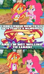 Size: 500x843 | Tagged: safe, imported from derpibooru, pinkie pie, sunset shimmer, equestria girls, legend of everfree, crossing the memes, exploitable meme, image macro, meme, op is a genius, op is a swan, pinkie's mind, subverted meme, sunset is not willing to learn, sunset sees things, wrong aspect ratio