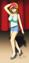 Size: 3098x6621 | Tagged: safe, artist:tyron91, imported from derpibooru, sunset shimmer, equestria girls, absurd resolution, armpits, breasts, busty sunset shimmer, cleavage, clothes, commission, female, high heels, looking at you, onomatopoeia, paypal, shorts, smiling, solo, spotlight, stage, tanktop, tap dancing