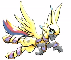 Size: 2884x2448 | Tagged: safe, artist:oddwarg, imported from derpibooru, oc, oc only, oc:sulphur nimbus, classical hippogriff, hippogriff, armor, beak, female, rainbow tail, solo, sulphur nimbus, talons, wings
