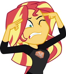 Size: 912x1024 | Tagged: safe, artist:uponia, edit, imported from derpibooru, vector edit, sunset shimmer, equestria girls, legend of everfree, .svg available, babylon 5, clothes, colored, female, flat colors, one eye closed, photoshop, psicorps, pstandard psychic pstance, psychic shimmer, show accurate, solo, struggling, trust the psicorps, trying too hard, vector