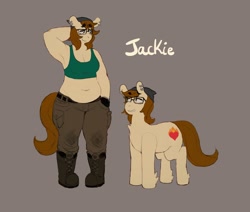 Size: 1024x868 | Tagged: safe, artist:lumo, imported from derpibooru, oc, oc only, oc:jackie trade, anthro, anthro ponidox, armpits, bandana, belly button, belt, boots, chest fluff, chubby, clothes, duality, ear piercing, earring, glasses, head scratch, jewelry, looking down, looking up, piercing, plump, self ponidox, smirk, tanktop