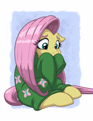 Size: 1275x1650 | Tagged: safe, artist:latecustomer, imported from derpibooru, fluttershy, pony, abstract background, clothes, cute, female, floppy ears, mare, oversized clothes, shyabetes, sitting, solo, sweater, sweatershy