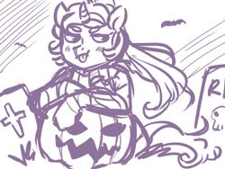 Size: 640x480 | Tagged: safe, artist:mscootaloo, imported from derpibooru, trixie, pony, unicorn, asksketchytrixie, female, gravestone, halloween, jack-o-lantern, mare, monochrome, pumpkin, solo