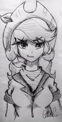 Size: 1667x3264 | Tagged: safe, artist:ciderpunk, imported from derpibooru, oc, oc only, oc:applesunrise, human, black and white, clothes, grayscale, hat, humanized, humanized oc, monochrome, scarf, solo, traditional art, western