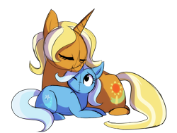 Size: 948x718 | Tagged: safe, artist:little-tweenframes, deleted from derpibooru, idw, imported from derpibooru, sunflower spectacle, trixie, pony, unicorn, spoiler:comic, spoiler:comic40, cute, diatrixes, eyes closed, female, filly, filly trixie, looking up, mare, mother and daughter, nuzzling, one eye closed, prone, simple background, sketch, smiling, transparent background, younger