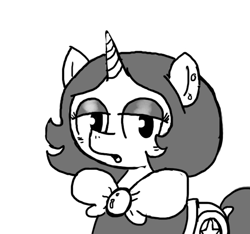 Size: 640x600 | Tagged: safe, artist:ficficponyfic, imported from derpibooru, oc, oc only, oc:joyride, pony, unicorn, colt quest, bowtie, cloud, concerned, ear piercing, eyeshadow, female, horn, makeup, mantle, mare, monochrome, piercing, solo, story included