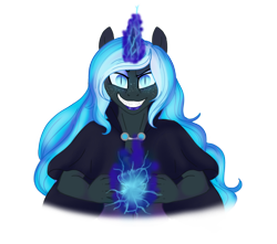 Size: 1024x906 | Tagged: safe, artist:blackblood-queen, imported from derpibooru, oc, oc only, oc:bubble lee, oc:nightmare lee, anthro, anthro oc, commission, fangs, looking at you, magic, nightmarified, smiling, solo, ych result