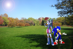 Size: 1800x1200 | Tagged: safe, artist:trungtranhaitrung, imported from derpibooru, rainbow dash, equestria girls, 3d, building, crossover, equestria girls in real life, interspecies, male, park, shade, shipping, sonic the hedgehog, sonic the hedgehog (series), sonicdash, straight, sun, tree