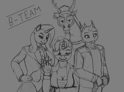 Size: 750x559 | Tagged: safe, artist:wwredgrave, imported from derpibooru, discord, starlight glimmer, thorax, trixie, anthro, to where and back again, a-team, clothes, fishnets, grayscale, lidded eyes, monochrome, pantyhose, reformed four, simple background, sketch, smiling, tailcoat