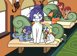 Size: 1280x930 | Tagged: safe, artist:jolliapplegirl, imported from derpibooru, rarity, oc, oc:crescent moonstone, oc:lapis hondo lazuli, dracony, earth pony, hybrid, pony, unicorn, adopted offspring, annoyed, argument, clothes, family, floppy ears, interspecies offspring, motherhood, offspring, parent:rarity, road trip, scarf, sibling rivalry, siblings, train