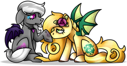 Size: 729x382 | Tagged: safe, artist:50wordsformurder, imported from derpibooru, oc, oc only, oc:amethyst sky, oc:sunflower meadows, bat pony, pony, cute, injured, kissing, sitting