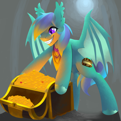 Size: 2449x2449 | Tagged: safe, artist:wynnchi, imported from derpibooru, oc, oc only, oc:treasure hunter, bat pony, pony, glow, glowing, gold, smiling, solo, treasure, treasure chest