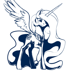 Size: 3784x3939 | Tagged: safe, artist:nadnerbd, imported from derpibooru, princess celestia, female, horn, jewelry, long horn, long legs, long mane, long tail, looking down, monochrome, peytral, raised hoof, regalia, simple background, slim, smiling, solo, spread wings, tail, tall, white background