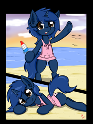 Size: 1700x2250 | Tagged: safe, artist:chilimod, imported from derpibooru, oc, oc only, oc:starlight blossom, pony, unicorn, beach, bikini bottom, bipedal, bomb pop, clothes, cute, female, filly, food, looking at you, lying down, ocbetes, one-piece swimsuit, popsicle, prone, skirt, skirt lift, solo, sploot, standing, swimsuit, underhoof