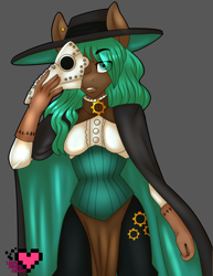 Size: 500x647 | Tagged: safe, artist:ladypixelheart, imported from derpibooru, oc, oc only, oc:sprocket, anthro, breasts, clothes, corset, ear piercing, earring, female, jewelry, piercing, plague doctor, plague doctor mask, solo