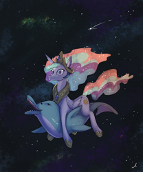 Size: 3000x3600 | Tagged: safe, artist:docwario, imported from derpibooru, princess celestia, dolphin, pony, looking at you, space, wat, wide eyes