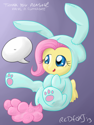 Size: 1024x1353 | Tagged: safe, artist:redfoxjake, imported from derpibooru, fluttershy, bunny costume, bunny pajamas, bunnyshy, clothes, cute, female, filly, footed sleeper, pajamas, paw gloves, paw pads, paw prints, shyabetes, solo, yay, younger